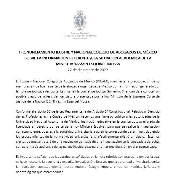 Yasmín Esquivel Mossa: Ilustre y Nacional Colegio de Abogados de México pide a la UNAM investigar si hubo plagio