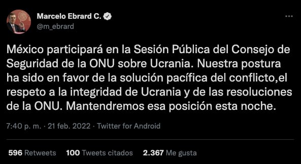 Marcelo Ebrard: México a favor de una solución pacífica en el conflicto de Ucrania-Rusia