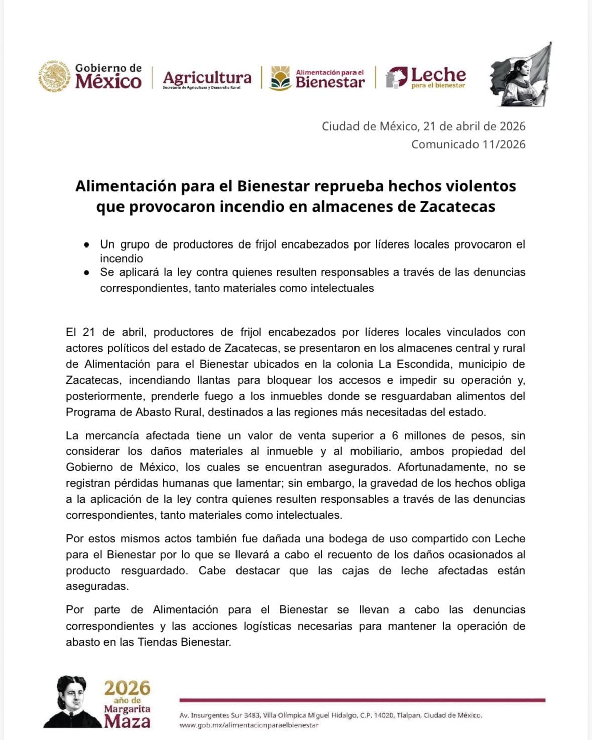 Comunicado de gobierno de México sobre incendio en Alimentos para el Bienestar en Zacatecas.