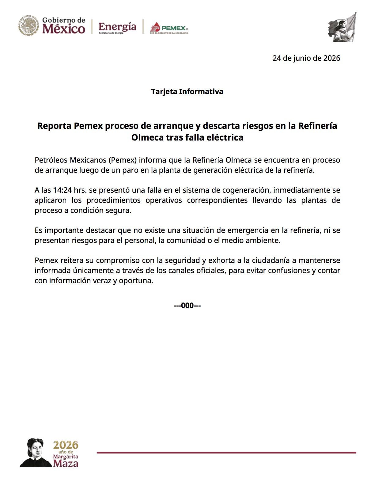 Pemex aclara incidente en refinería Dos Bocas