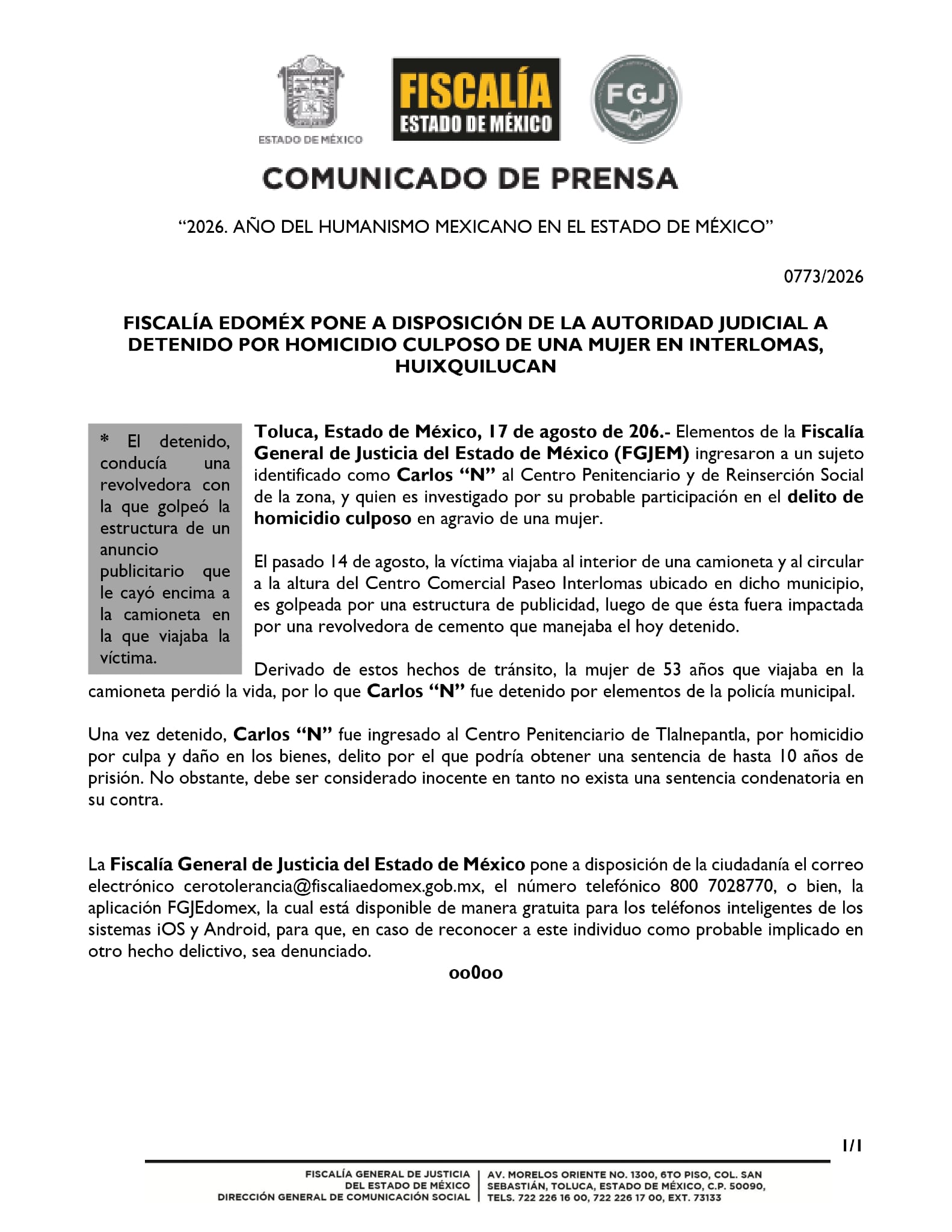 Carlos “N”, operador de revolvedora detenido por accidente en Boulevard Interlomas