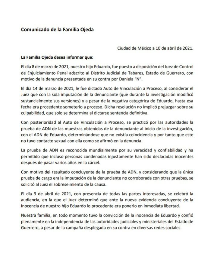Comunicado Familia Ojeda