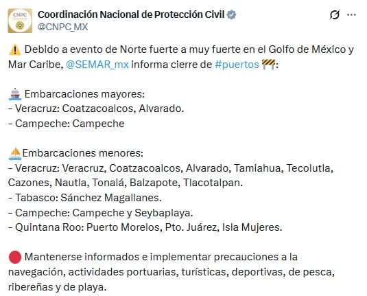 Evento de Norte obliga a cerrar puertos en Tabasco, Veracruz, Quintana Roo y Campeche