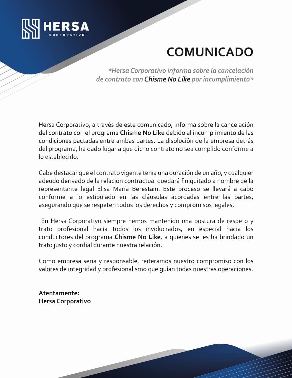 Comunicado de Hersa sobre Chisme No Like.