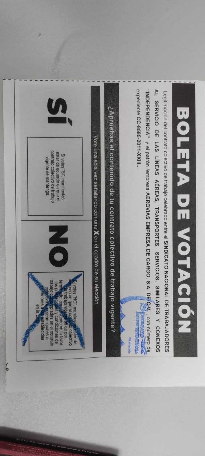 Boleta de votación, legitimación de contrato con Independencia, Aerovías Empresa de Cargo
