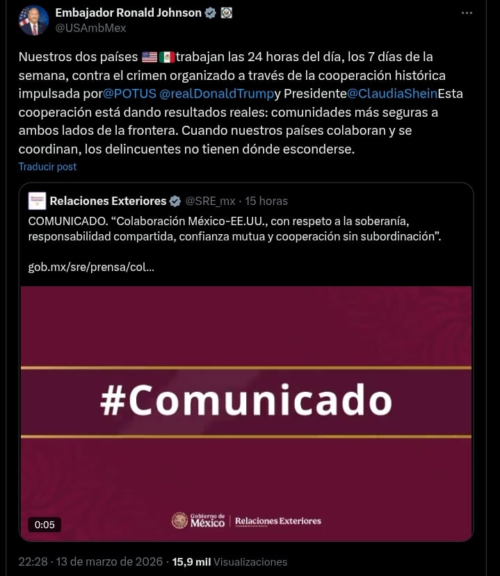 Ronald Johnson reconoce trabajo de Claudia Sheinbaum contra cárteles del narcotráfico