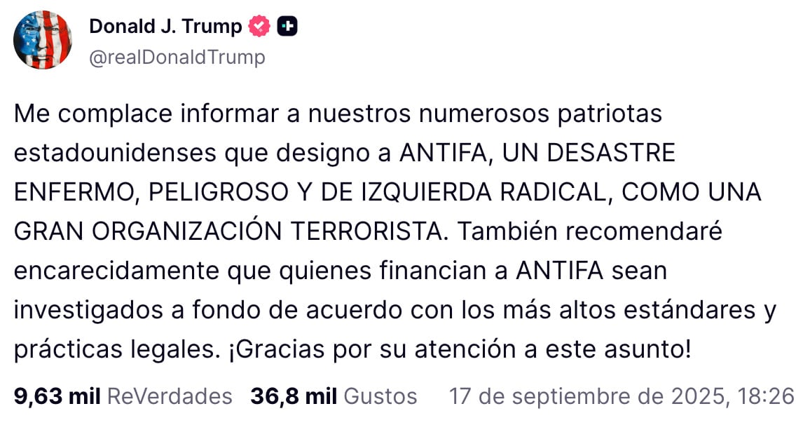 Donald Trump designará a ANTIFA como organización terrorista.