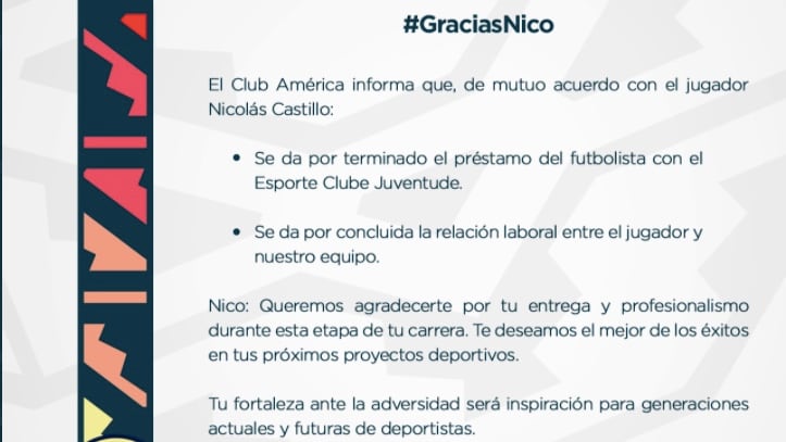 América dio por terminada su relación laboral con Nicolás Castillo