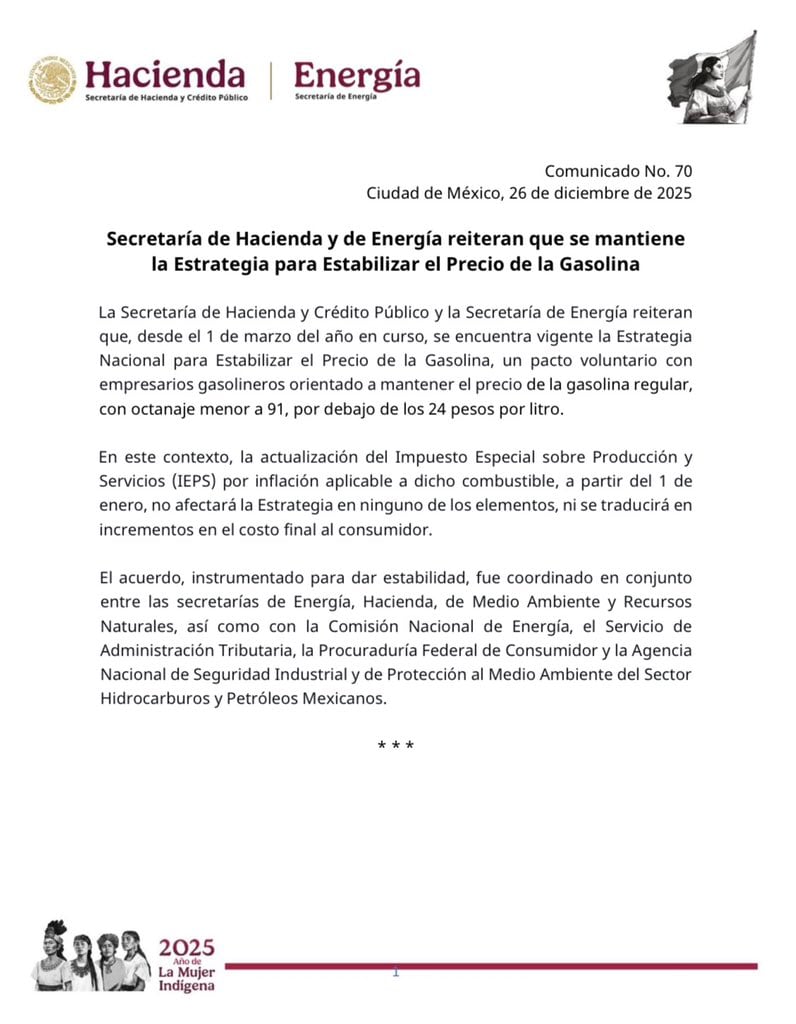 Precio de la gasolina regular no superará los 24 pesos por litro en 2026