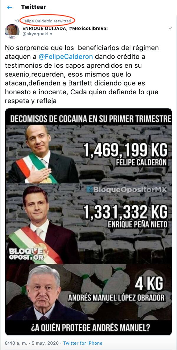 Calderón retuiteó información falsa