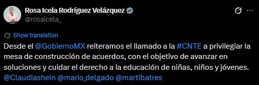 Rosa Icela pide a la CNTE volver a la mesa de diálogo por el bien de los estudiantes