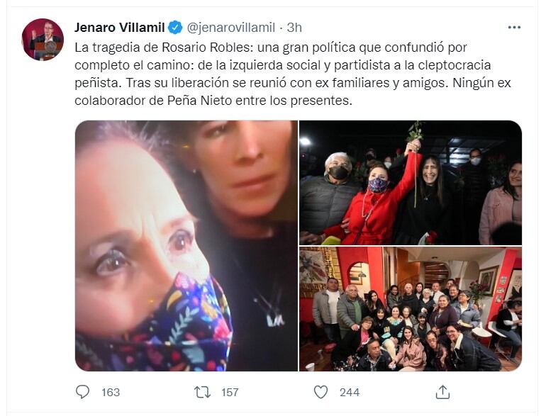 Tuit de Jenaro Villamil sobre Rosario Robles