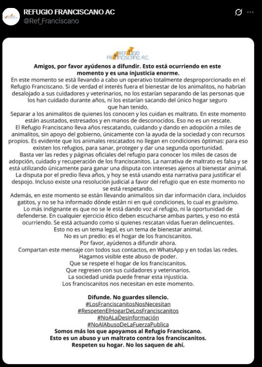 Refugio Franciscano se defiende y rechaza desalojo de animales