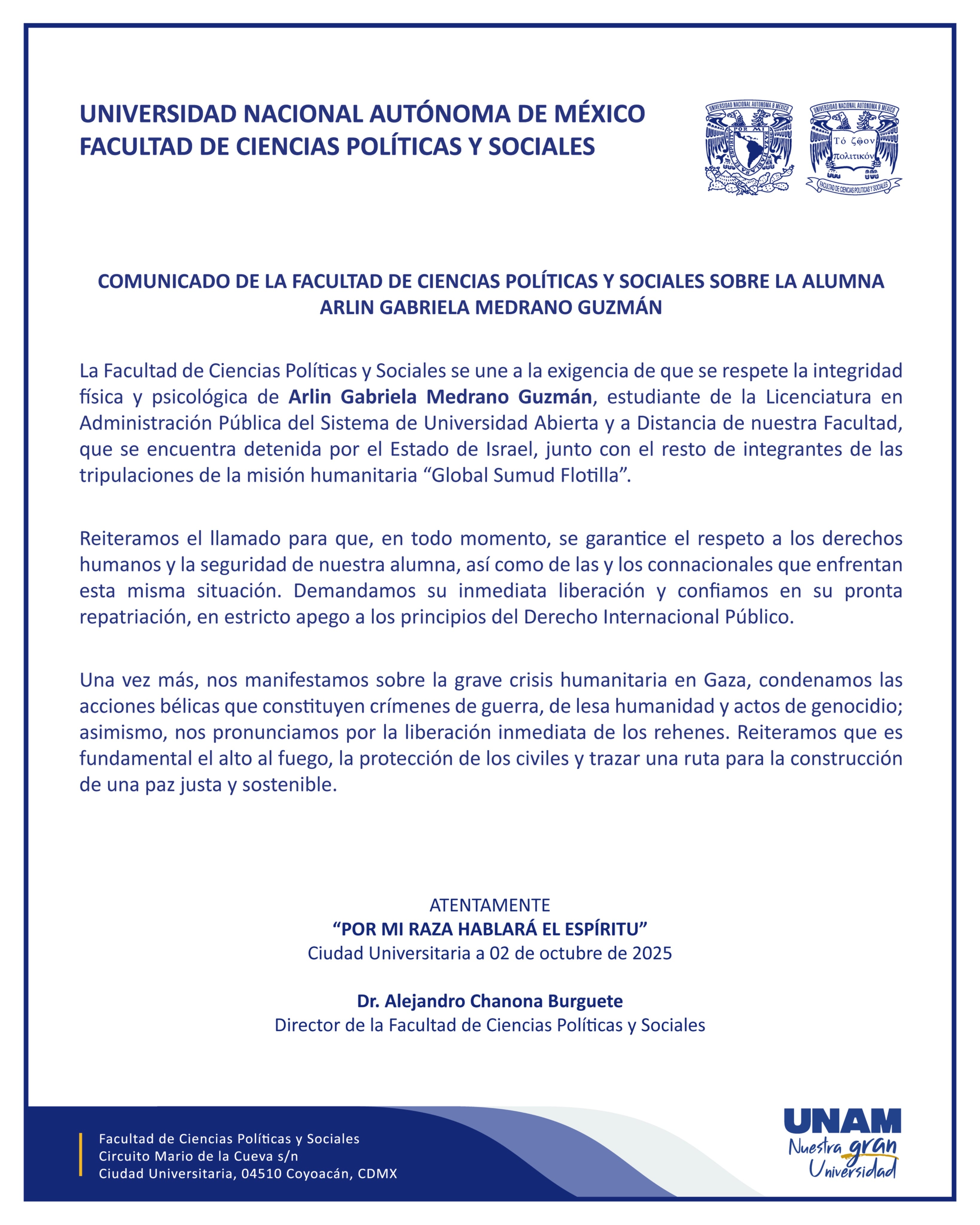 FCPyS UNAM sobre detención de Arlín Medrano