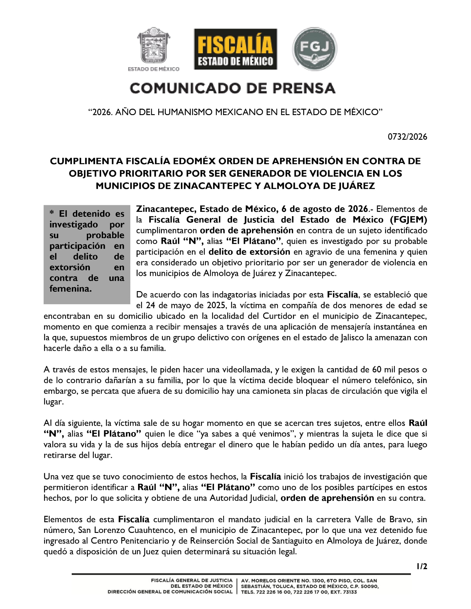 Cae “El Plátano”, presunto generador de violencia en Zinacantepec y Almoloya