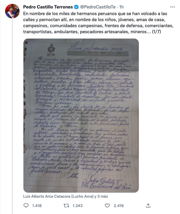 Pedro Castillo agradece a AMLO desde la cárcel por reconocer su gobierno
