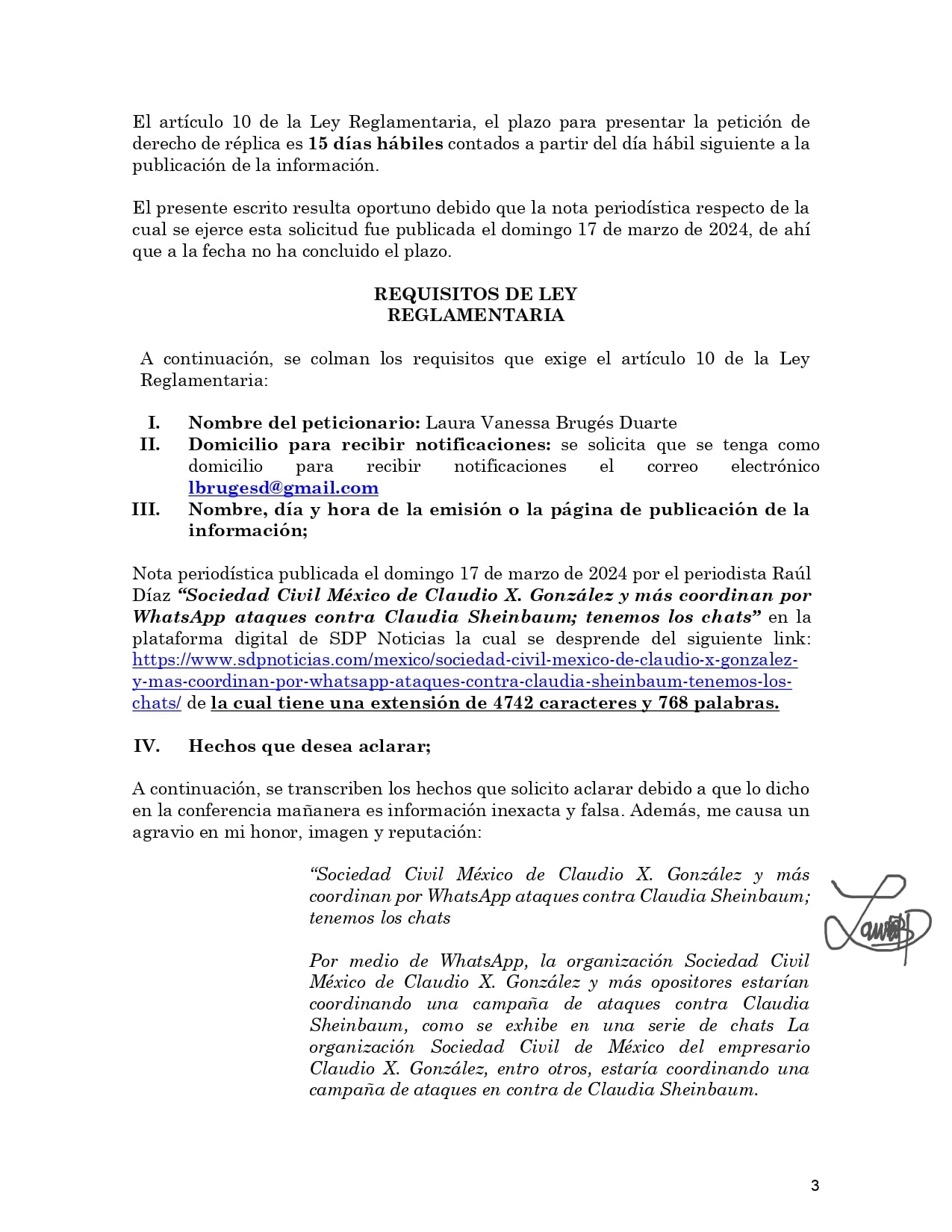 Laura Brugés solicitud de réplica