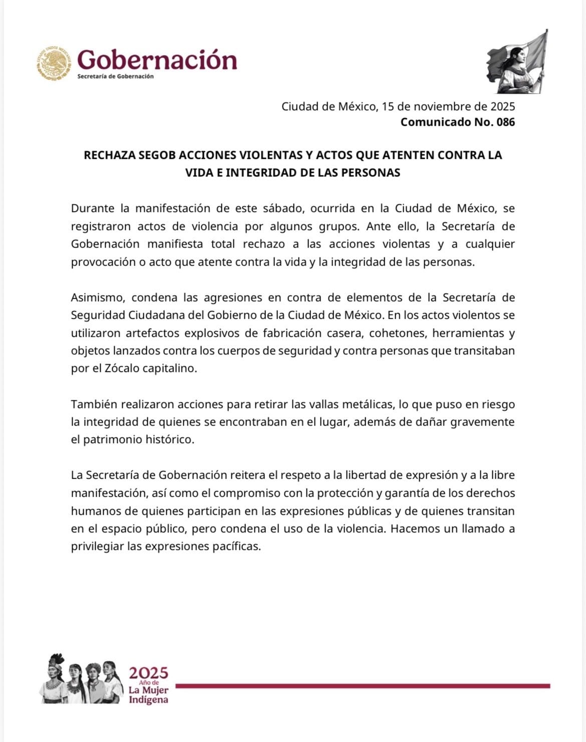 Gobierno de México condena agresiones a policías y civiles en la Marcha de la Generación Z