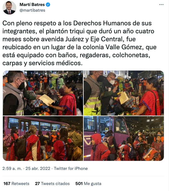 Martí Batres dice que Triquis fueron reubicados con respeto a sus derechos.