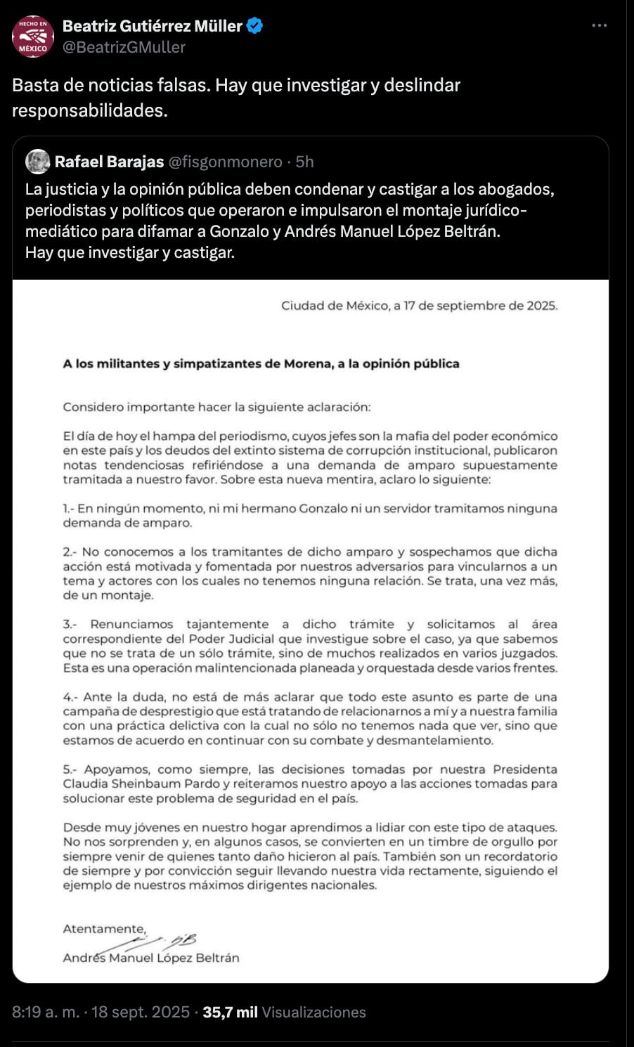 Beatriz Gutiérrez defiende a los López Beltrán y desmiente supuesto amparo