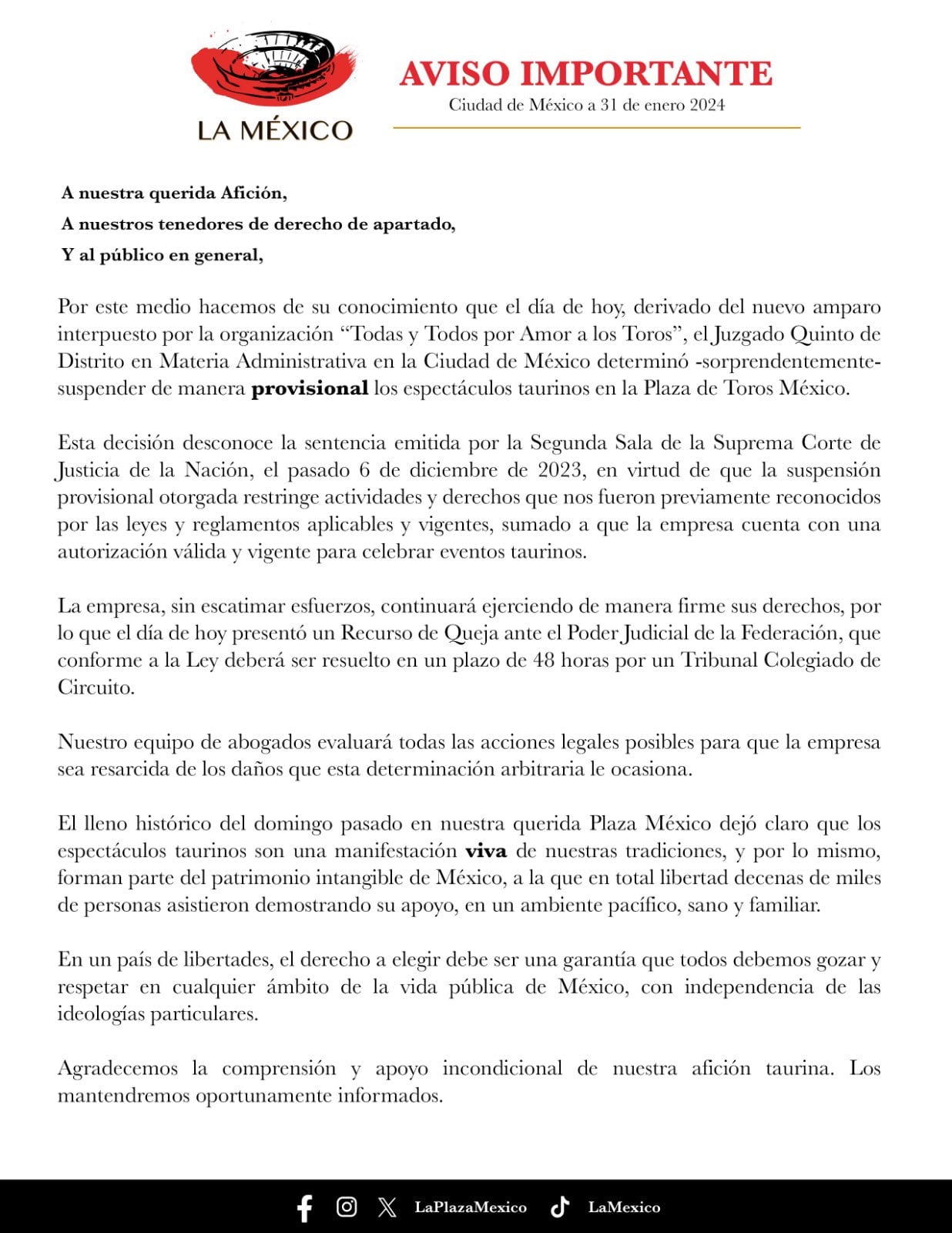 Empresa Plaza México presenta queja por la suspensión de corridas de toros