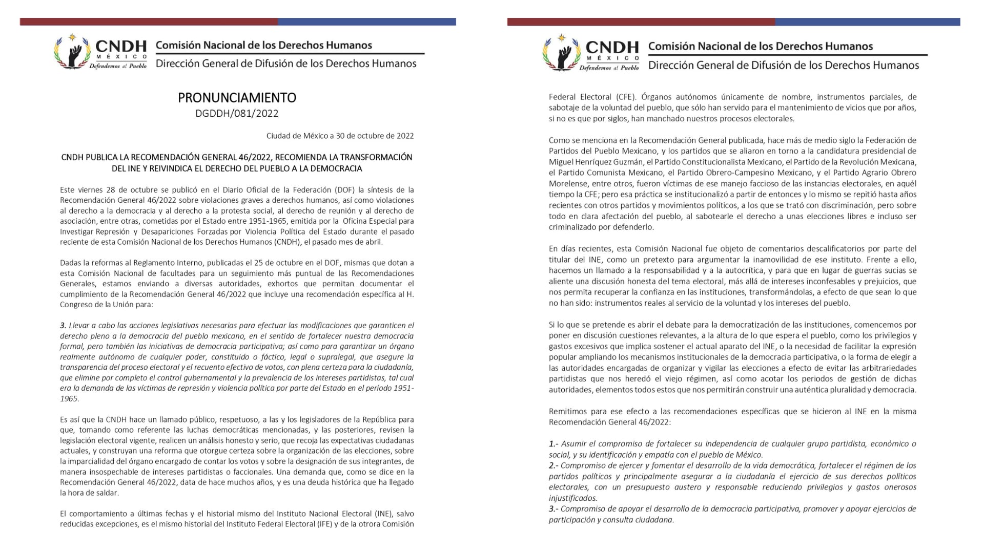 Comunicado CNDH sobre INE