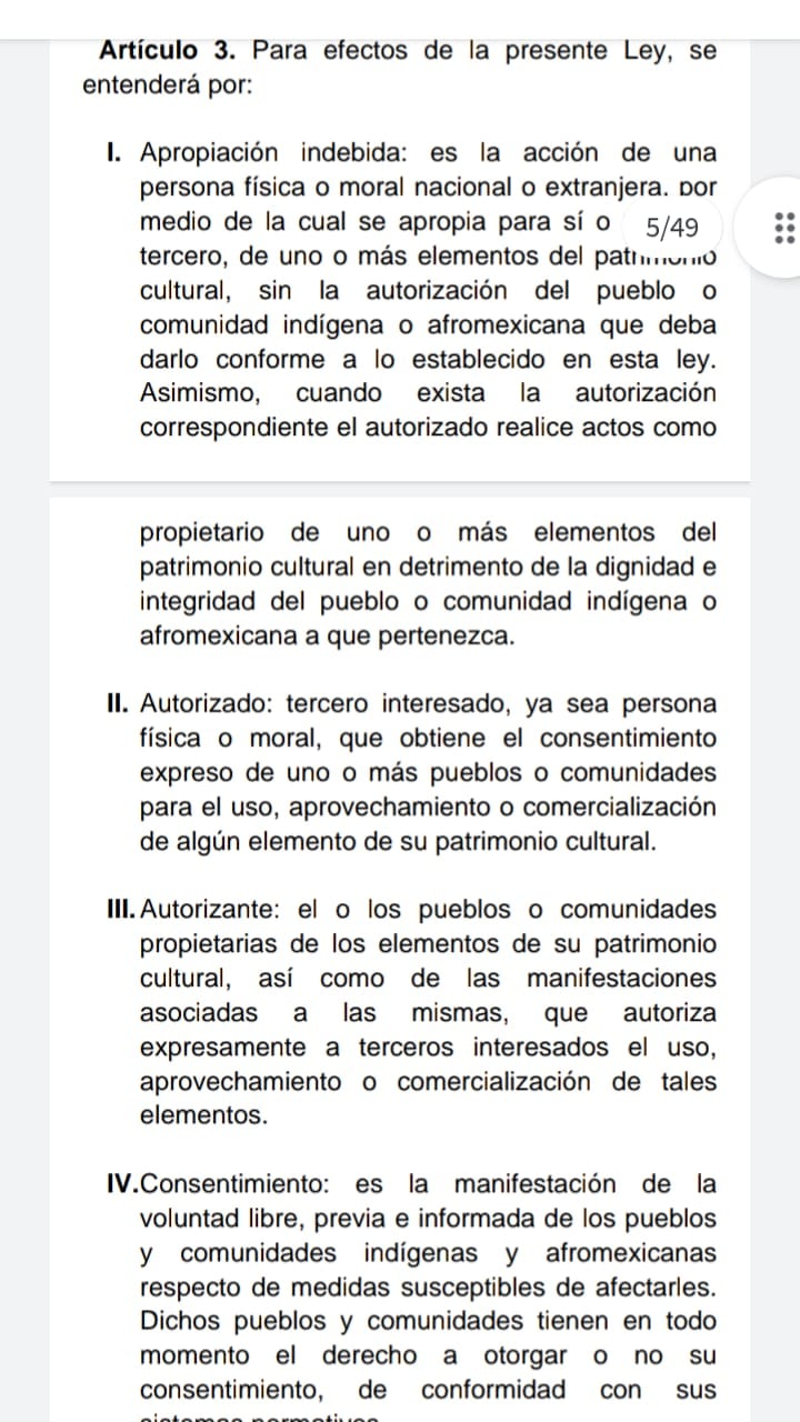 Artículo de la Ley del Patrimonio Cultural de Pueblos Indígenas