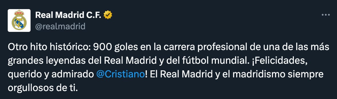 Real Madrid felicita Cristiano Ronaldo por su gol 900
