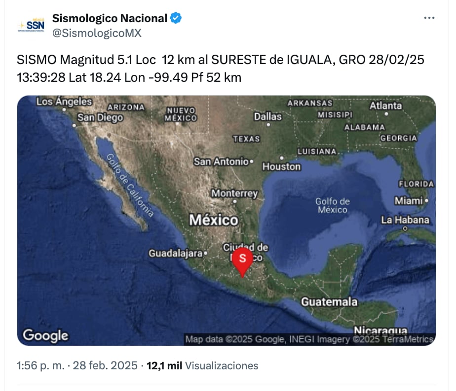 Reporte del Sismológico Nacional por el sismo de hoy 28 de febrero 2025; el temblor tuvo magnitud 5.1