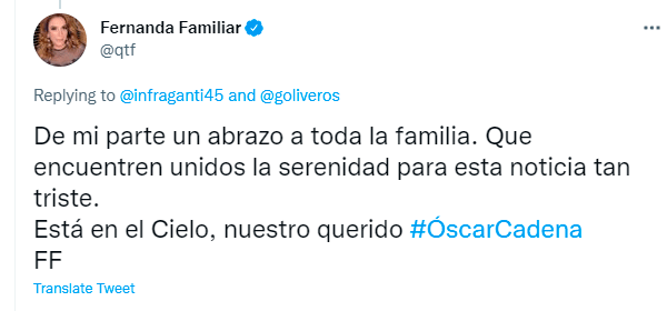 Fernanda Familiar envía condolencias ante muerte de Óscar Cadena
