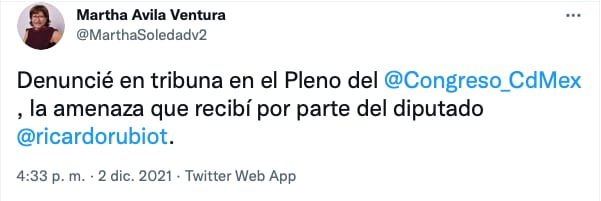 Diputada Martha Ávila de Morena denuncia a diputado Ricardo Rubio del PAN por amenazarla/@MartheSoledadv2