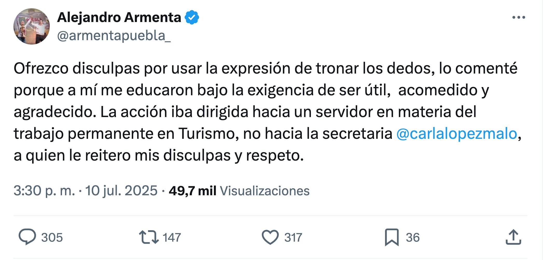Alejandro Armenta sobre confusión de "tronarle los dedos"