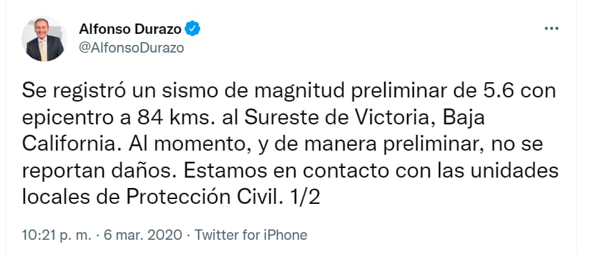 Captura de pantalla 5.6 magnitud Baja California ocurrido marzo 2020