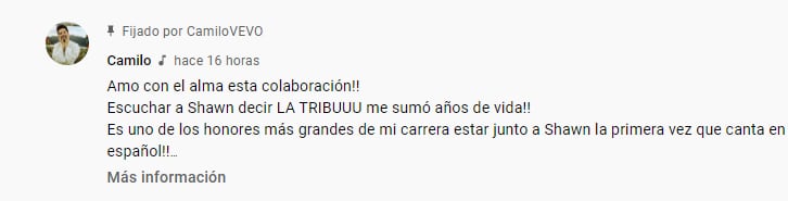 YouTube; Camilo celebra que Shawn Mendes cante en español.