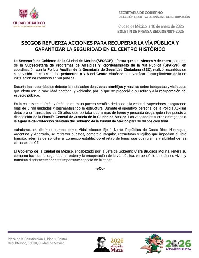 Clara Brugada refuerza el orden en el Centro Histórico con retiro de ambulantes