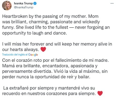 Ivanka Trump lamenta la muerte de su madre Ivana Trump