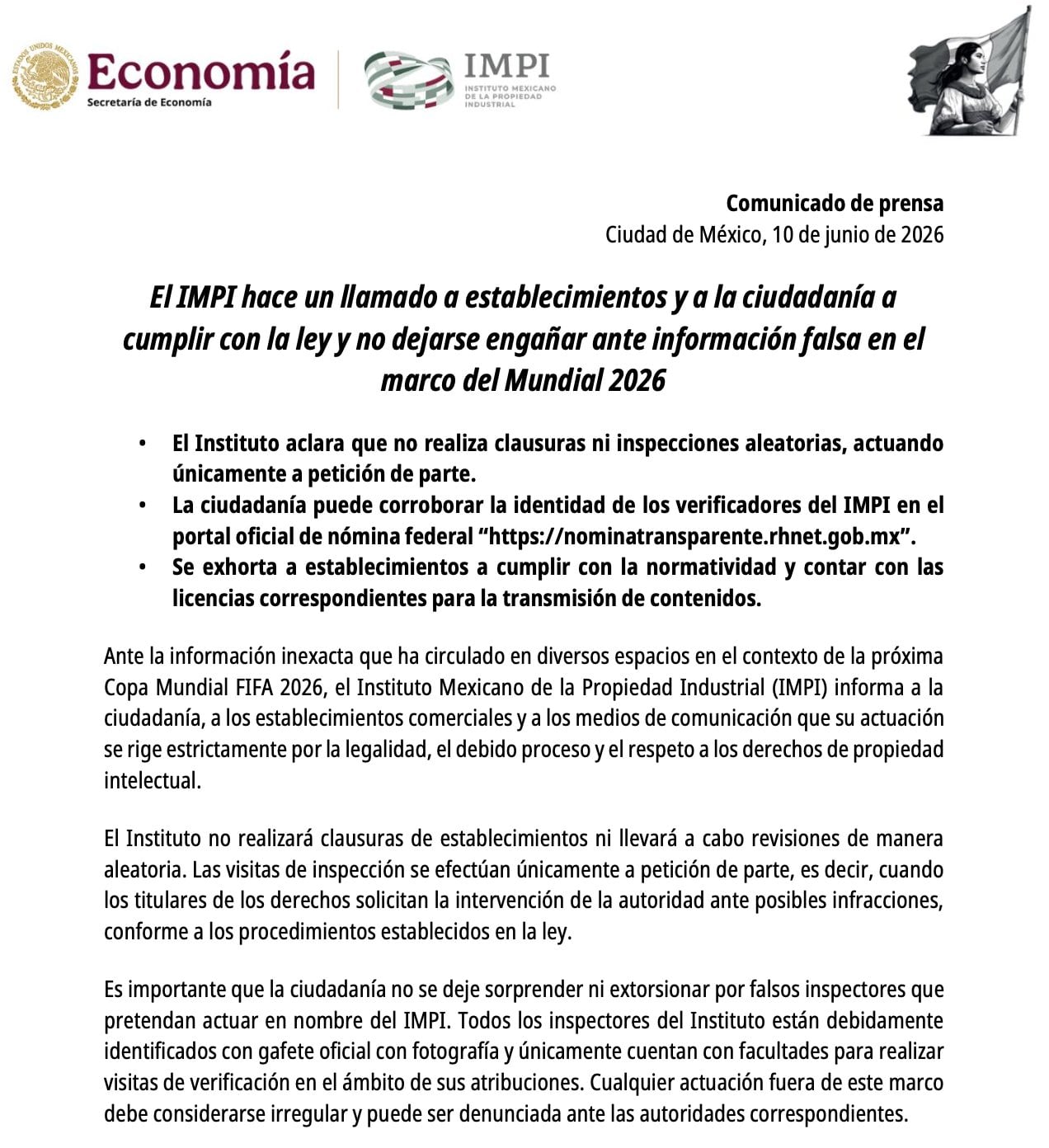 IMPI descarta clausuras e inspecciones a negocios por transmisiones del Mundial 2026