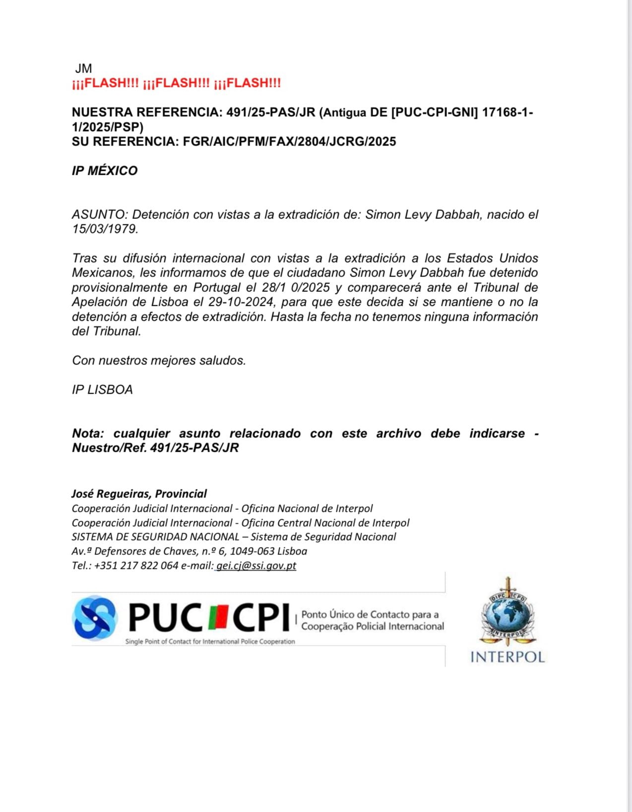 Interpol confirma detención de Simón Levy