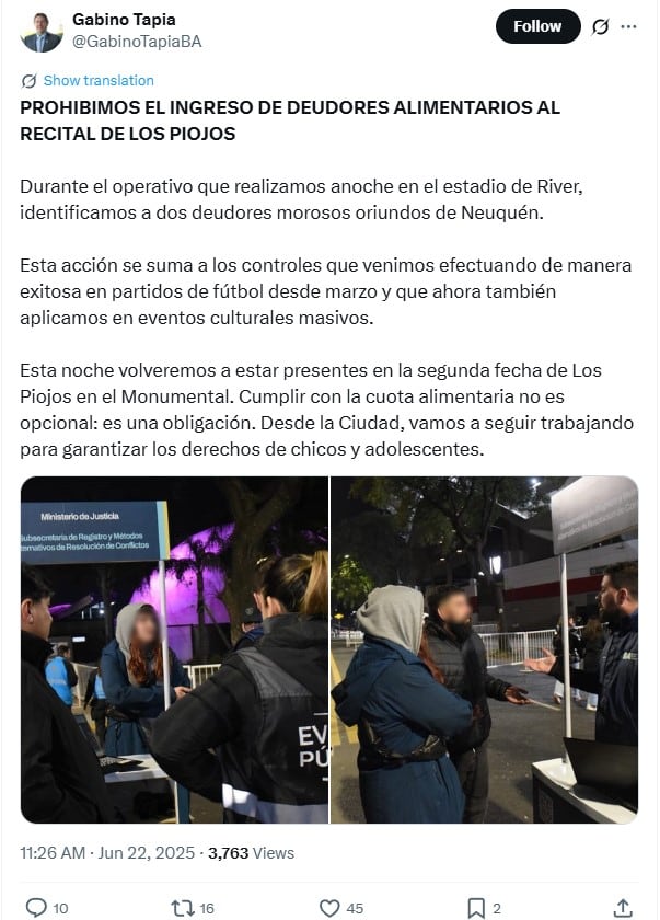 Buenos Aires prohíbe acceso a conciertos y partidos de fútbol a deudores alimentarios