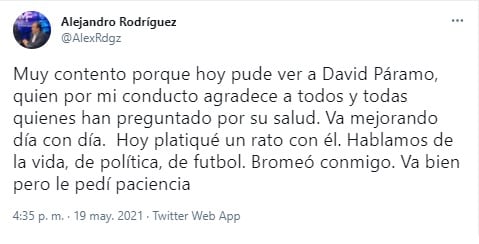 Alejandro Rodríguez dice que David Páramo pronto saldrá de terapia intensiva