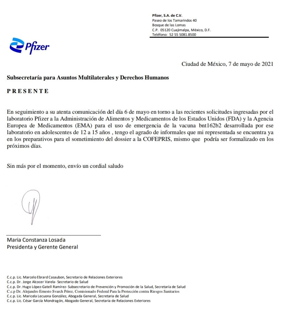 Pfizer enviará un dossier de su vacuna a la Cofepris