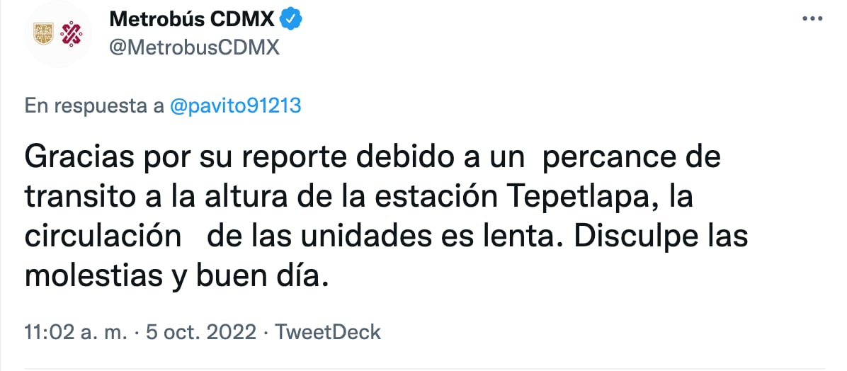 Metrobús reporta retrasos en Línea 5 por choque