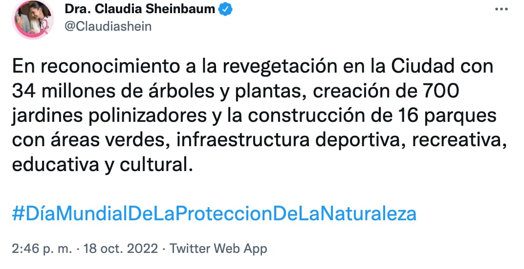 Claudia Sheinbaum celebra que CDMX ganó el primer lugar en los World Green City Awards 2022
