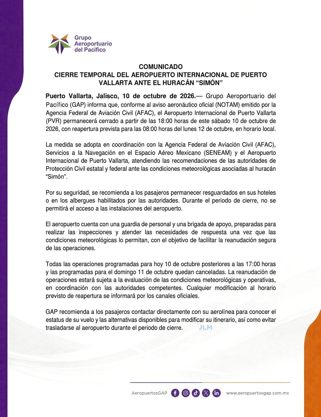 Aeropuerto de Puerto Vallarta suspende vuelos por el huracán Simón