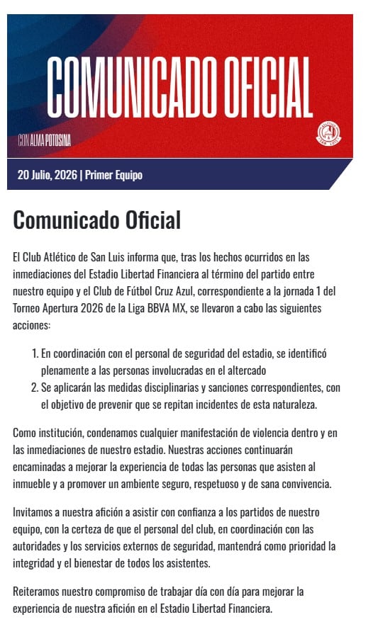 Comunicado Atlético de San Luis