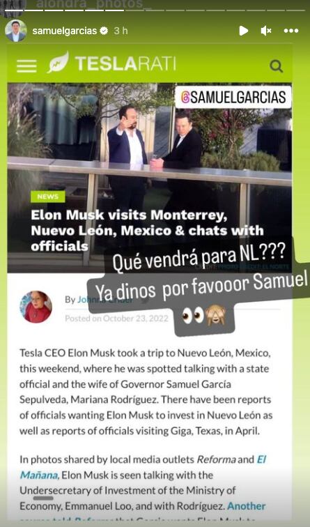 Samuel García presume encuentro de Mariana Rodríguez con Elon Musk