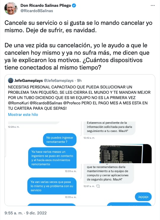 Ricardo Salinas Pliego se ofrece a cancelar servicio de Total Play por queja de usuario