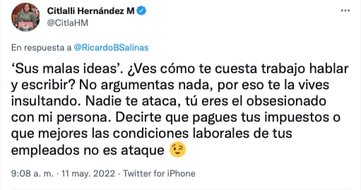 Citlali Hernández le responde nuevamente a Ricardo Salinas Pliego/@CitlaHM