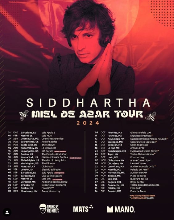 Fechas para conciertos de Siddhartha en México “Miel de Azar Tour”