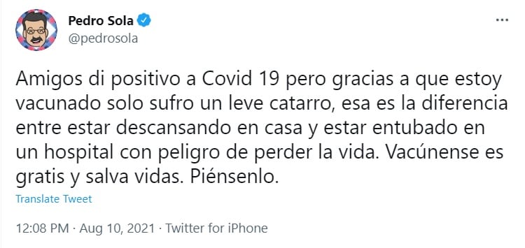 Pedro Sola pide a las personas vacunarse